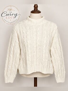 Studio Works Petite Cream Fisherman Cable Knit Cotton Sweater Made in USA